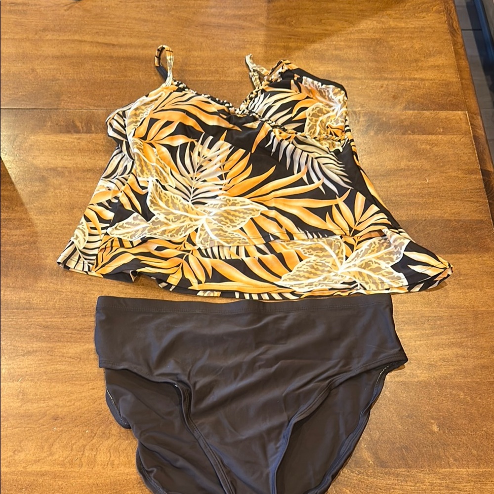 Christina Women's Swim Top and Bottom - Black and Gold Leaf Print